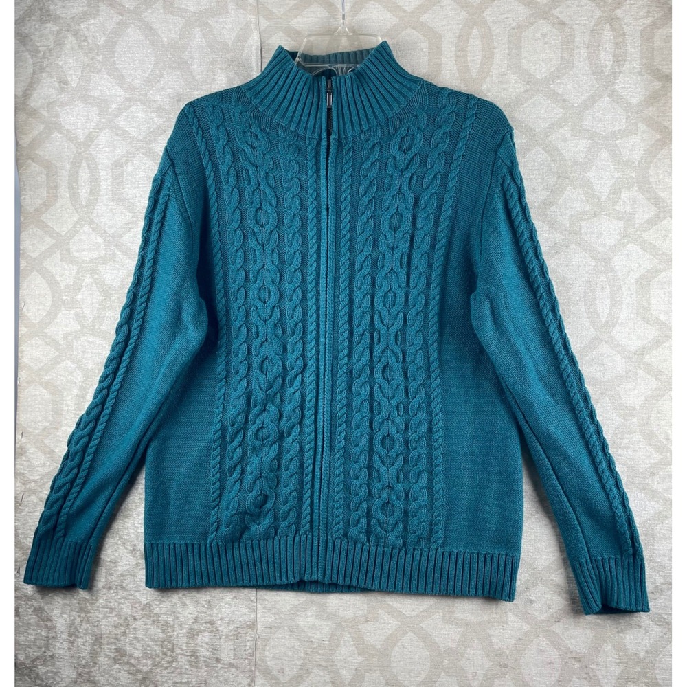 L.L. Bean Full Zip Cable Knit Sweater Mens L Teal Blue Cotton Mock Neck 298836
